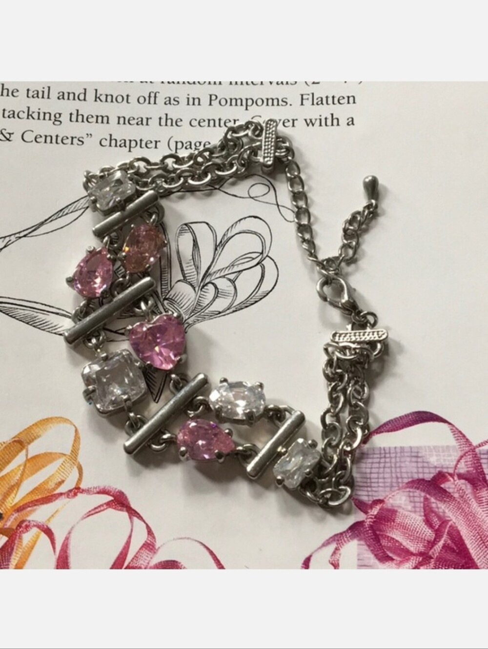 Light Pink & Clear Silver Silver Tone Cubic Zironia Stones Bracelet